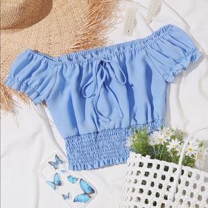 Tie neck shirred hem Bardot top